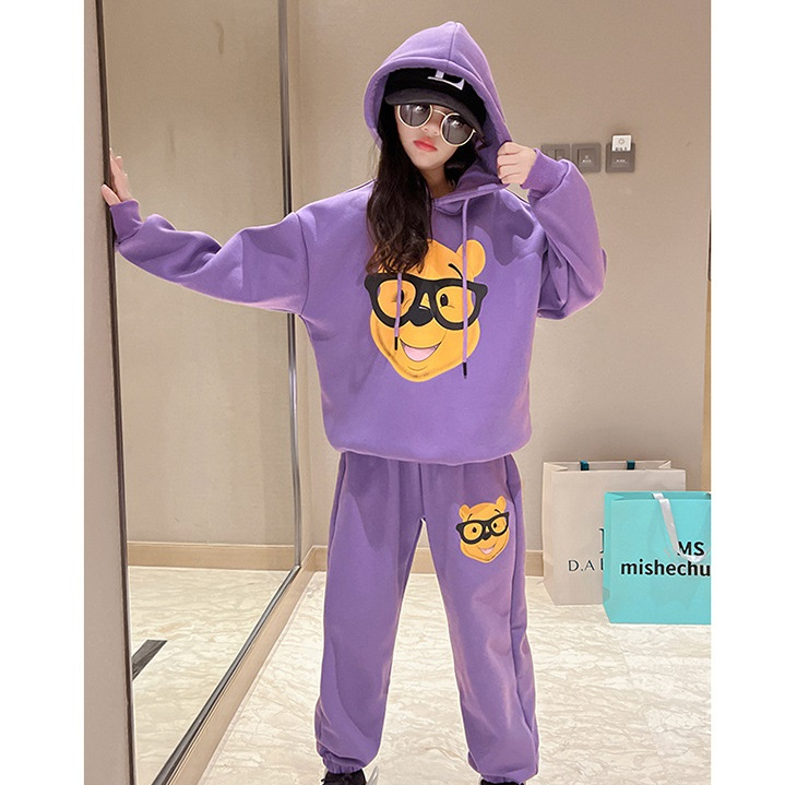 Bộ quần áo hoodie thu đông bé gái 18-48kg từ 4-14 tuổi mẫu Gấu Đeo Kính. Set đồ bé gái, hoodie bé gái