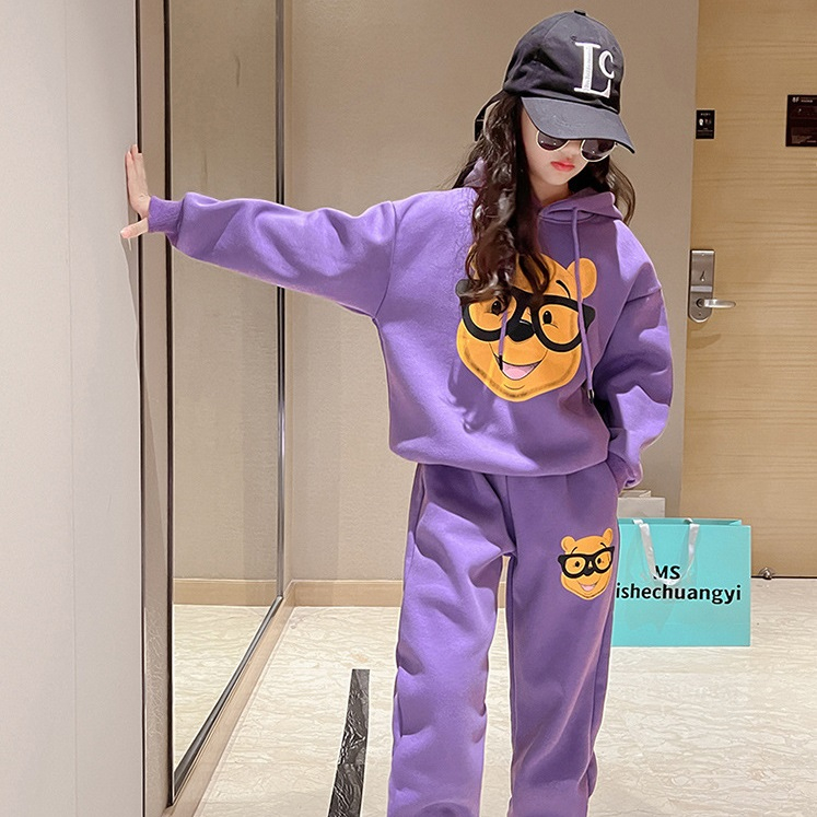 Bộ quần áo hoodie thu đông bé gái 18-48kg từ 4-14 tuổi mẫu Gấu Đeo Kính. Set đồ bé gái, hoodie bé gái