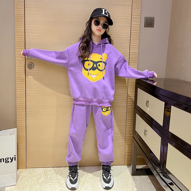 Bộ quần áo hoodie thu đông bé gái 18-48kg từ 4-14 tuổi mẫu Gấu Đeo Kính. Set đồ bé gái, hoodie bé gái