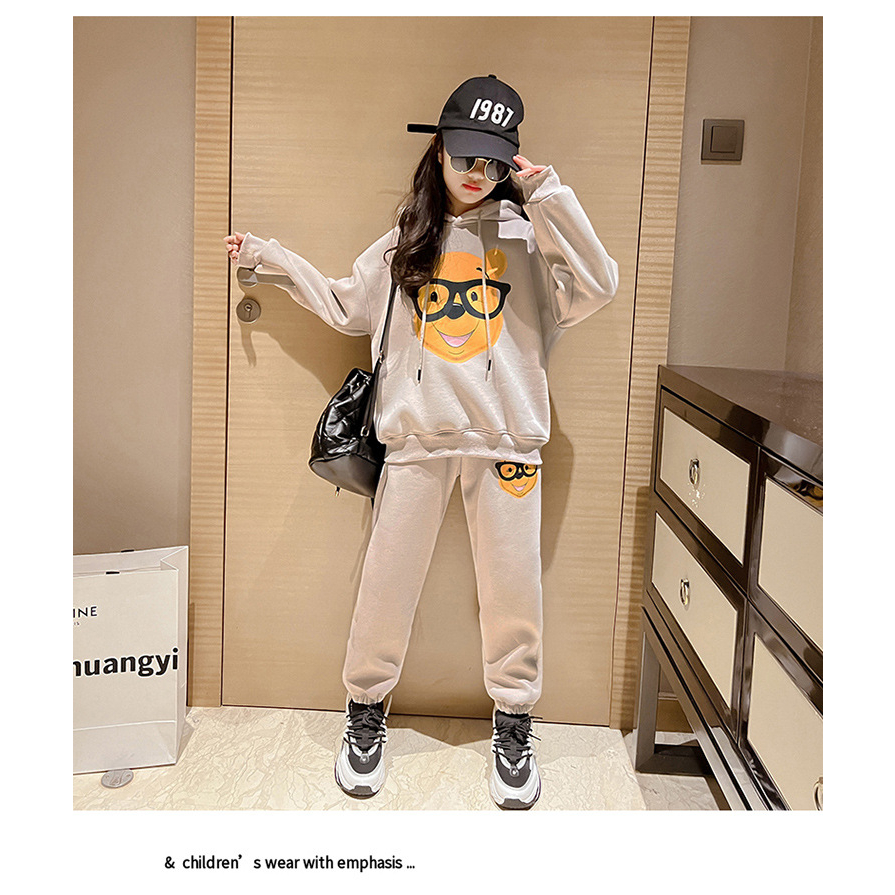Bộ quần áo hoodie thu đông bé gái 18-48kg từ 4-14 tuổi mẫu Gấu Đeo Kính. Set đồ bé gái, hoodie bé gái