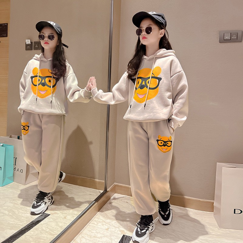 Bộ quần áo hoodie thu đông bé gái 18-48kg từ 4-14 tuổi mẫu Gấu Đeo Kính. Set đồ bé gái, hoodie bé gái