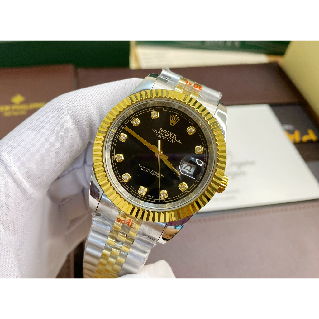 Đồng hồ Nam Rolex máy nhật vỏ vàng mặt đen số đá dòng cơ Automatic size 38mm-41mm