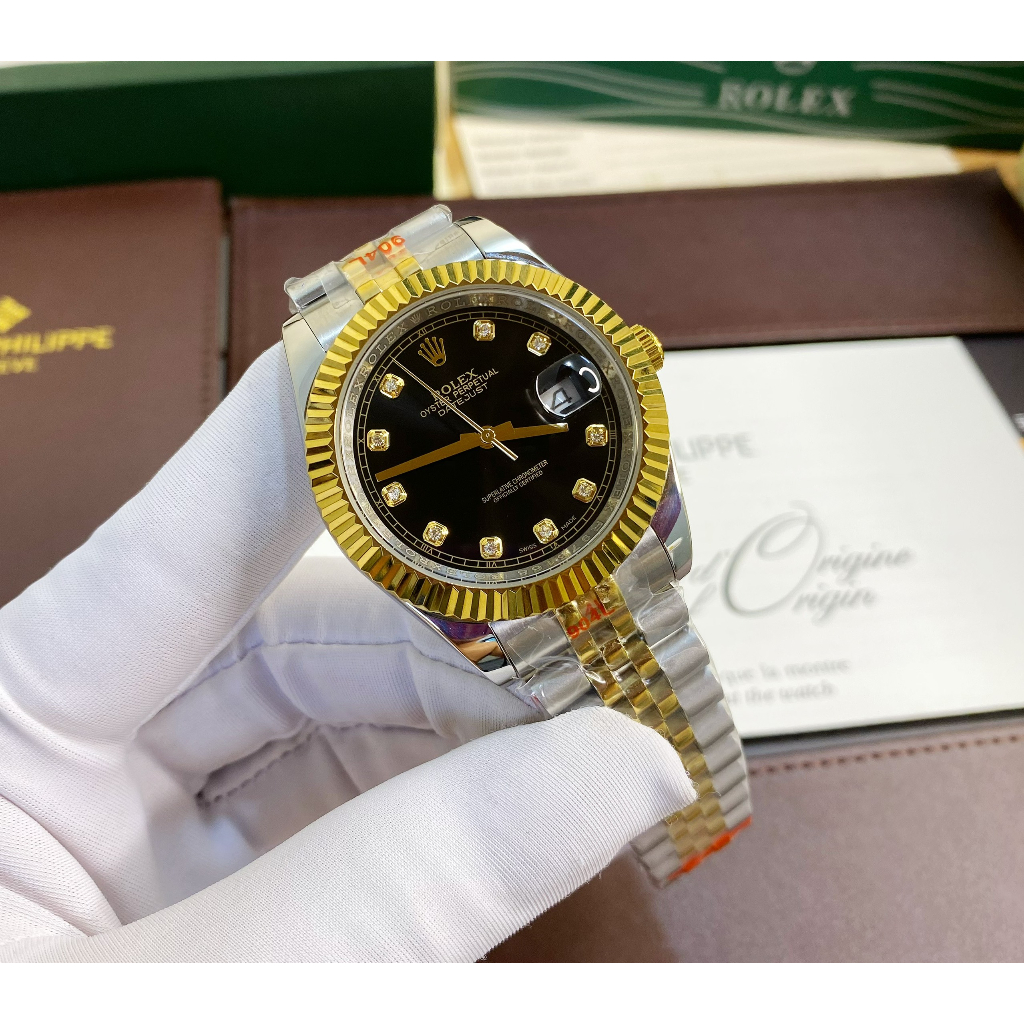 Đồng hồ Nam Rolex máy nhật vỏ vàng mặt đen số đá dòng cơ Automatic size 38mm-41mm