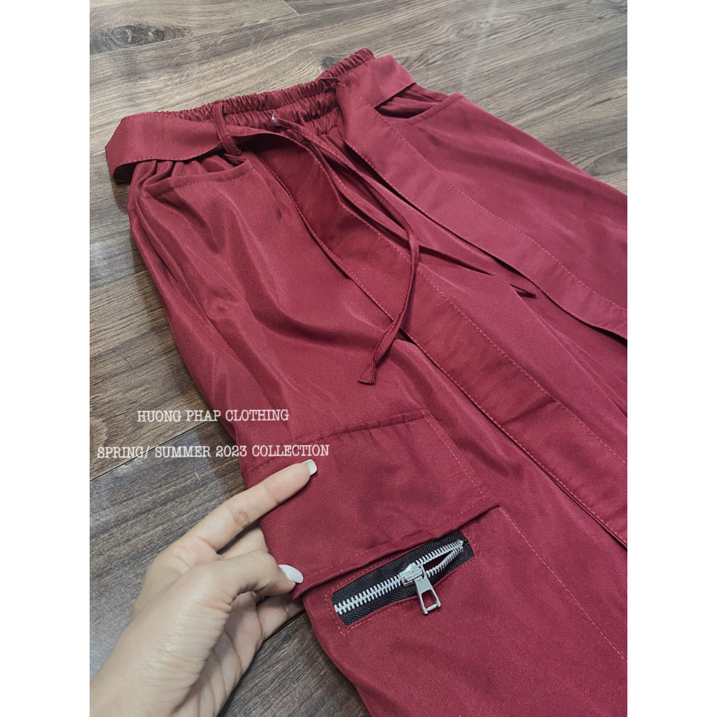 Set Áo Croptop Trắng Mix Quần Xuông Túi Hộp Màu Đỏ Đô Cool Ngầu Phong Cách Ulzzang Unisex HuongPhapClothing