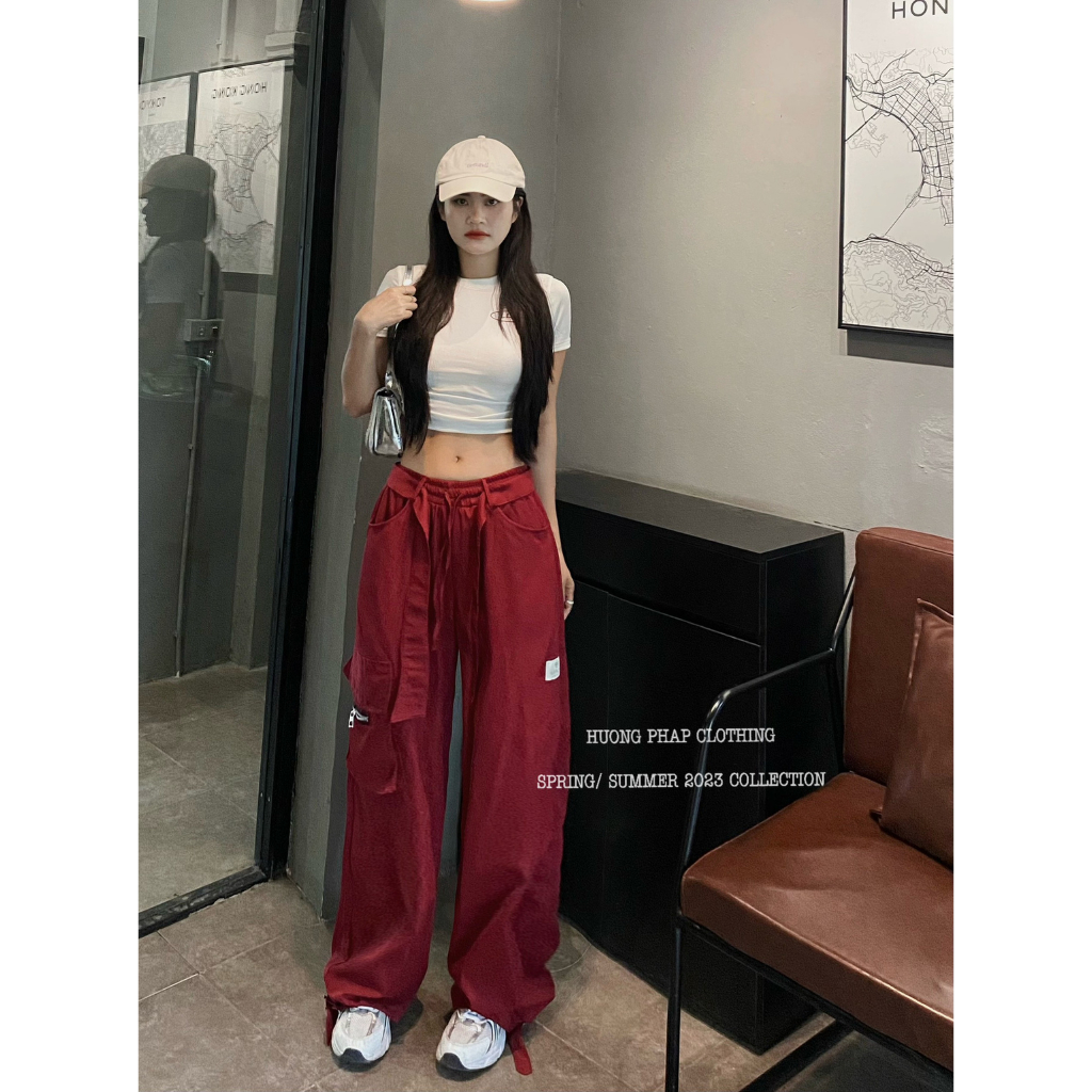 Set Áo Croptop Trắng Mix Quần Xuông Túi Hộp Màu Đỏ Đô Cool Ngầu Phong Cách Ulzzang Unisex HuongPhapClothing