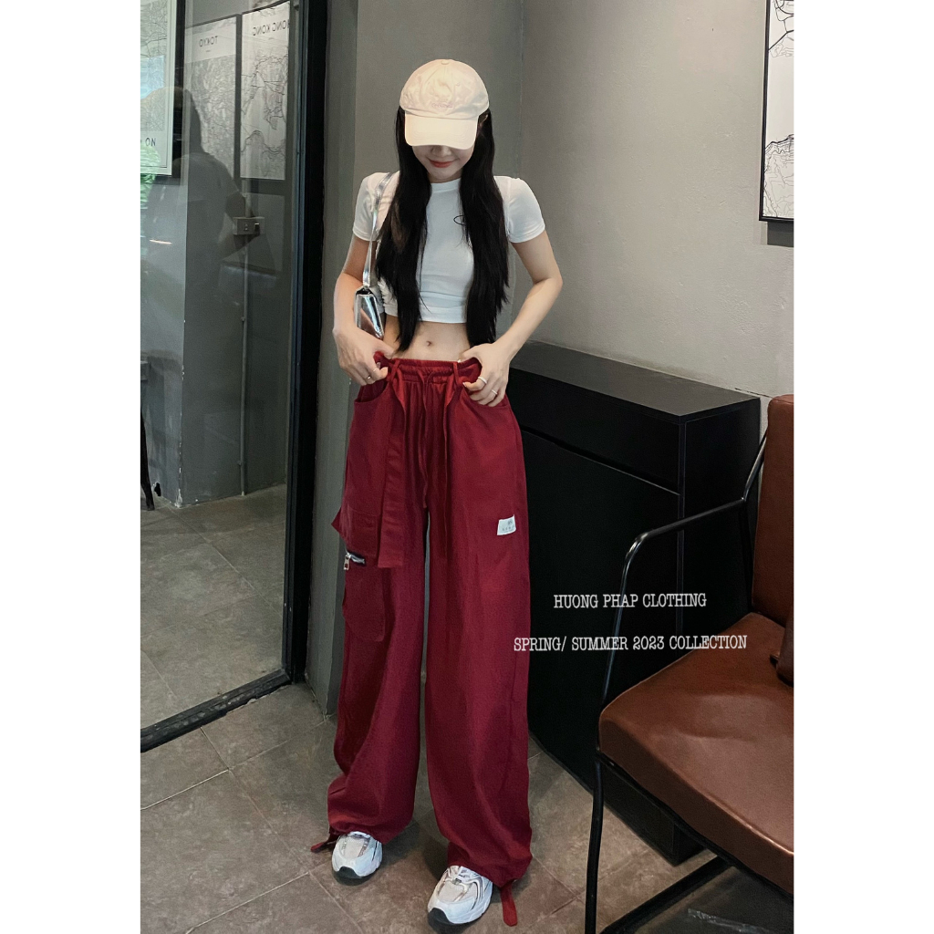 Set Áo Croptop Trắng Mix Quần Xuông Túi Hộp Màu Đỏ Đô Cool Ngầu Phong Cách Ulzzang Unisex HuongPhapClothing