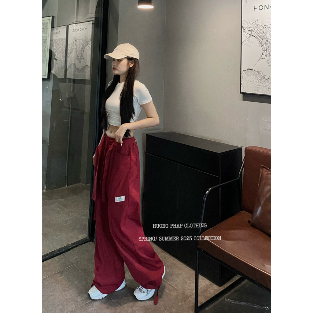 Set Áo Croptop Trắng Mix Quần Xuông Túi Hộp Màu Đỏ Đô Cool Ngầu Phong Cách Ulzzang Unisex HuongPhapClothing