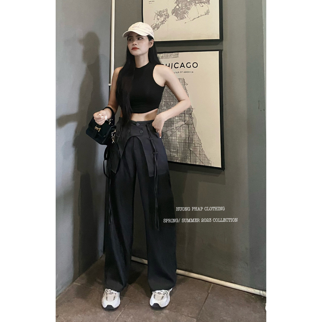 Set Áo Croptop Đen Mix Quần Vải Xuông Túi Hộp Nhăn Cool Ngầu Phong Cách Ulzzang Unisex HuongPhapClothing
