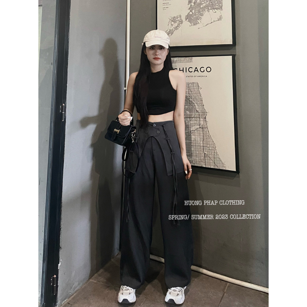 Set Áo Croptop Đen Mix Quần Vải Xuông Túi Hộp Nhăn Cool Ngầu Phong Cách Ulzzang Unisex HuongPhapClothing