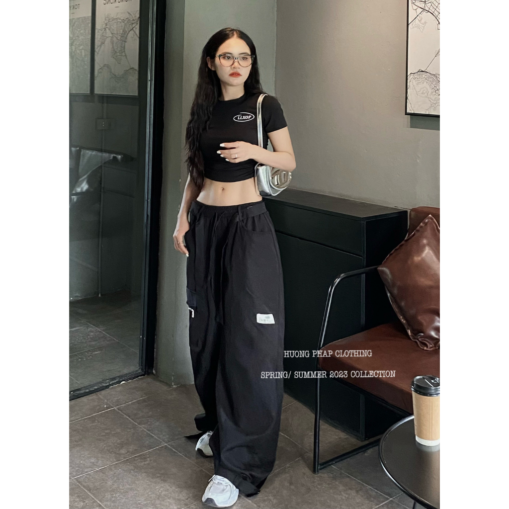 Set Áo Croptop Mix Quần Ống Túi Hộp Đen Cool Ngầu Phong Cách Ulzzang Unisex HuongPhapClothing