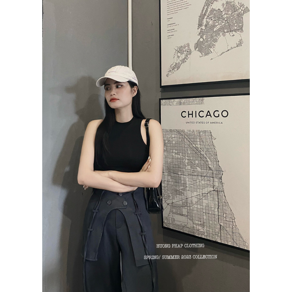 Set Áo Croptop Đen Mix Quần Vải Xuông Túi Hộp Nhăn Cool Ngầu Phong Cách Ulzzang Unisex HuongPhapClothing