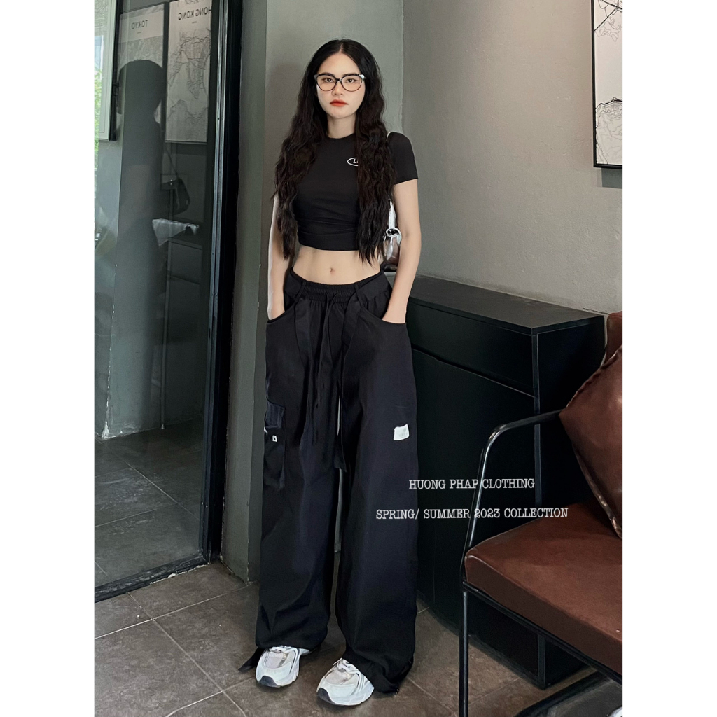 Set Áo Croptop Mix Quần Ống Túi Hộp Đen Cool Ngầu Phong Cách Ulzzang Unisex HuongPhapClothing