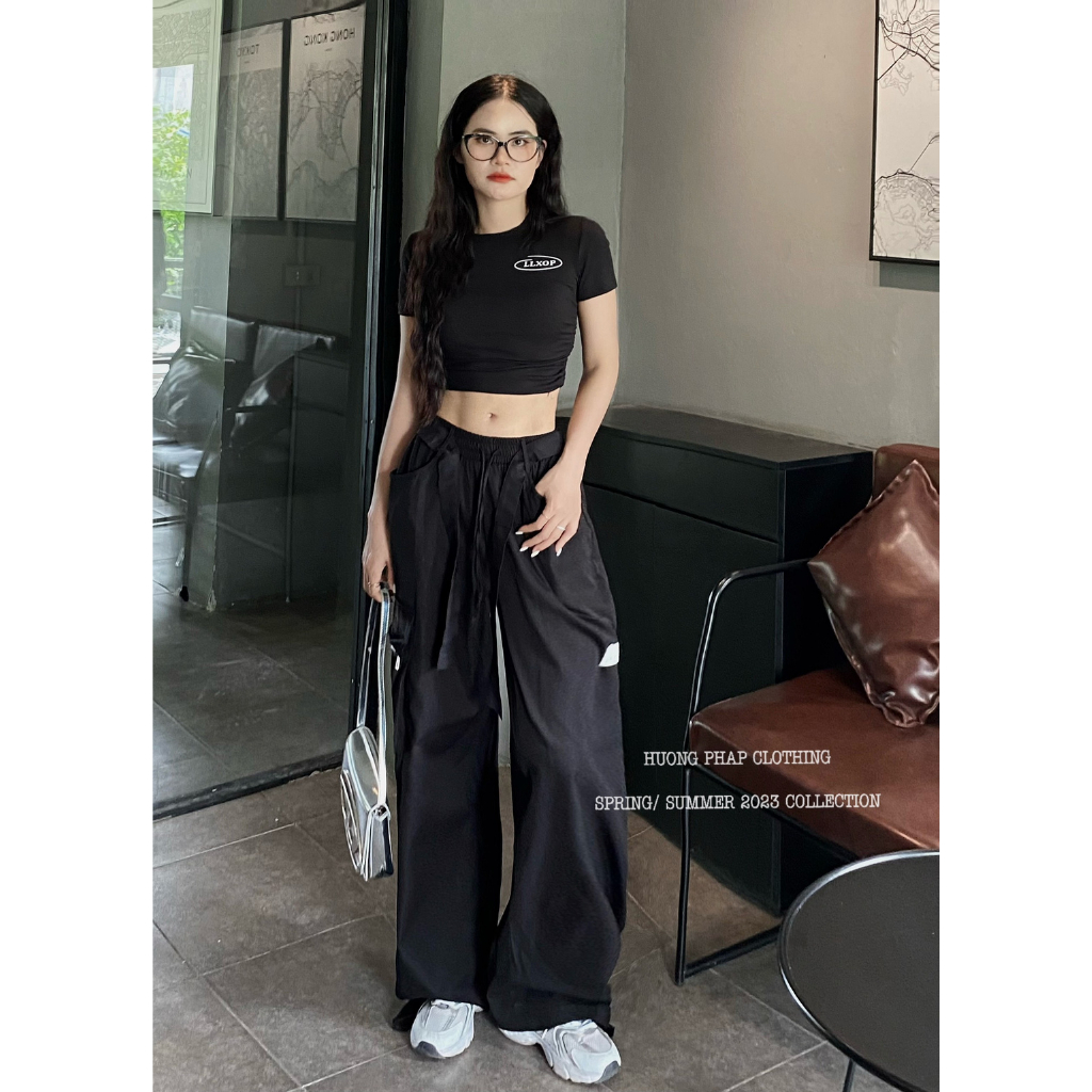 Set Áo Croptop Mix Quần Ống Túi Hộp Đen Cool Ngầu Phong Cách Ulzzang Unisex HuongPhapClothing