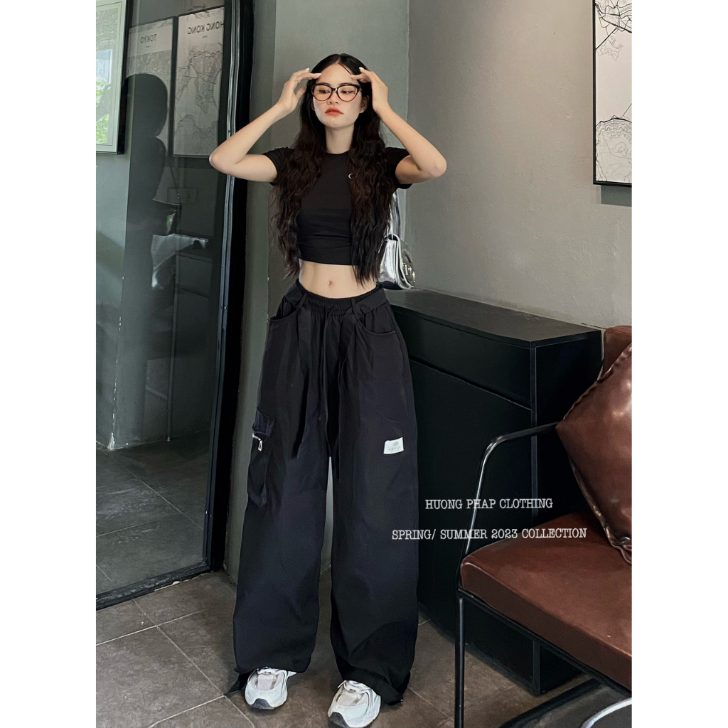 Set Áo Croptop Mix Quần Ống Túi Hộp Đen Cool Ngầu Phong Cách Ulzzang Unisex HuongPhapClothing