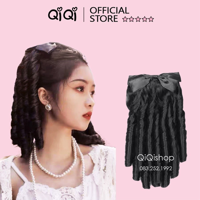 Tóc giả búi kèm nơ xoăn lọn dạng cài, retro cổ điển dành cho trung niên Qiqishop