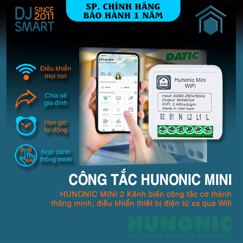 Công tắc HUNONIC MINI 2 Kênh biến công tắc cơ thành công tắc thông minh điều khiển thiết bị điện từ xa qua wifi