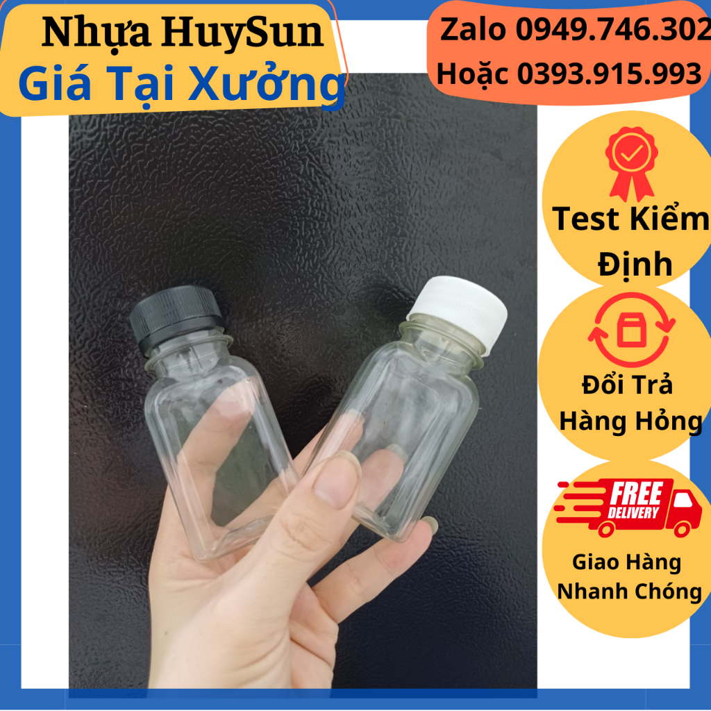 Chai Nhựa Dẹp vai Bầu 50ml Dày Dặn. Chai Nhựa Đựng Trà Sữa. Đã Kèm Nắp fi30. Nhựa HuySun