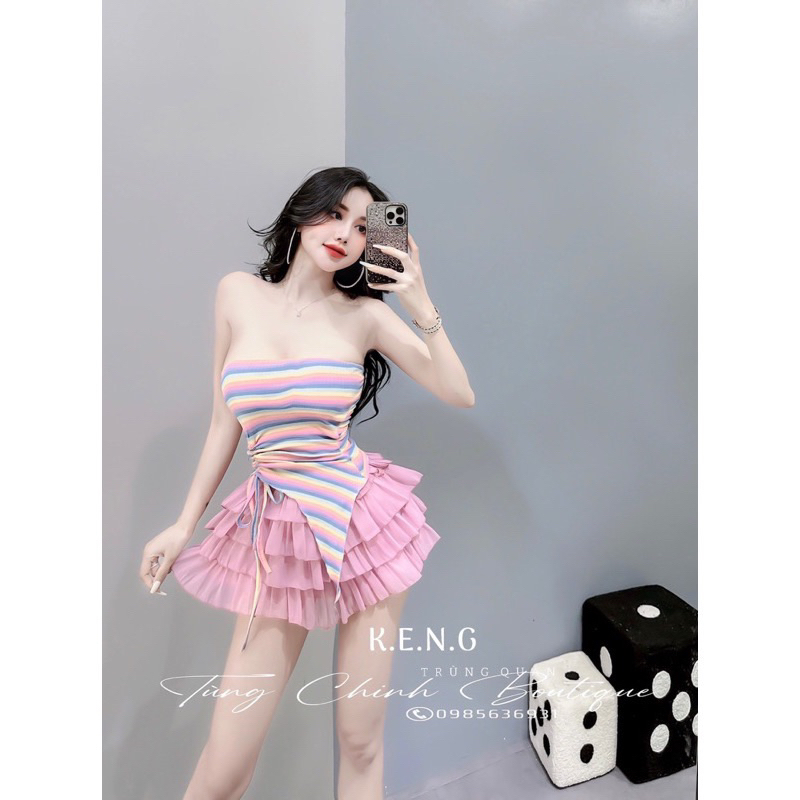 Set đồ nữ dễ thương áo quây mix chân váy chun tơ tầng