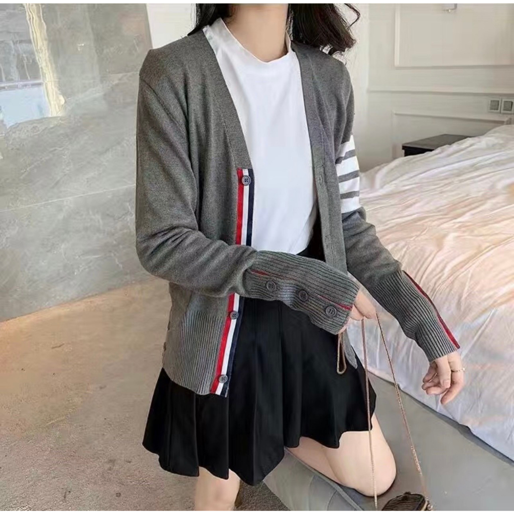 Áo Khoác Cardigan Len Thom Họa Tiết 4 Sọc Cao Cấp