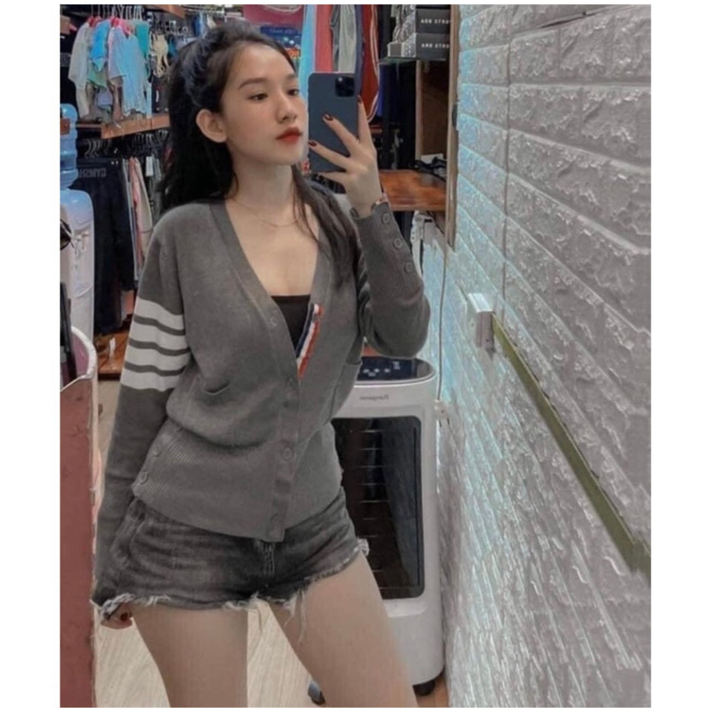 Áo Khoác Cardigan Len Thom Họa Tiết 4 Sọc Cao Cấp