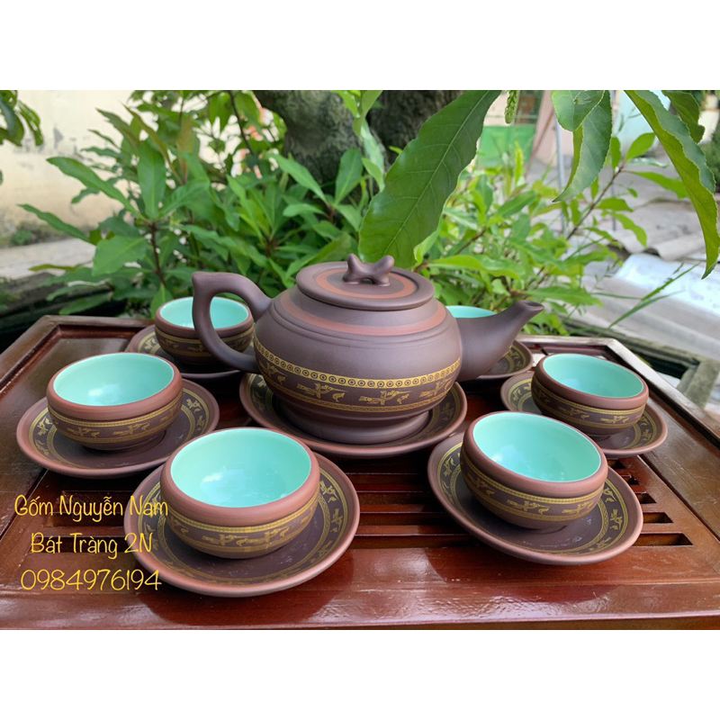 Ấm chén Gốm Bát Tràng mẫu Trống Đồng Hồng Hạc tử sa - Gốm Nguyễn Nam - Bát Tràng 2N