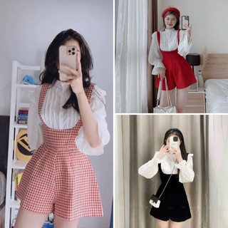 Set yếm quần phối áo sơ mi dài tay bèo siêu xinh cho các nàng yêu diện đi chơi, Set jum kèm áo sơ mi trắng xếp ly T1099