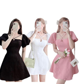 Đầm váy nữ lụa xốp cổ yếm 7 màu dáng xòe cực xinh phối ống tay phồng YADO, váy nữ thiết kế cao cấp dáng xòe G05