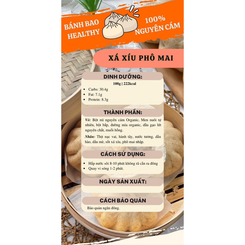 Bánh bao vỏ bột mì nguyên cám healthy nhân xá xíu phomai, bánh bao healthy, 222kcal/banh