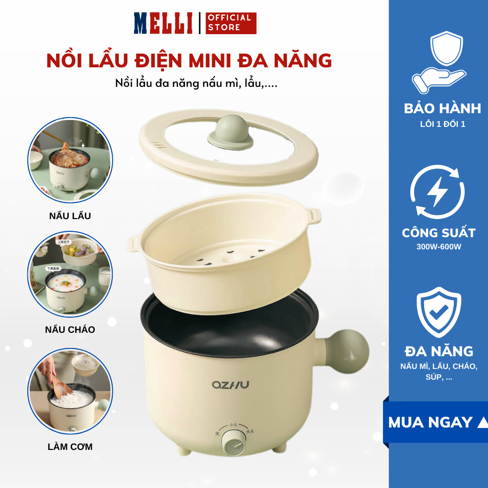 Nồi Lẩu Điện Đa Năng AZHU 2 Nấc Nhiệt Kèm Giá Hấp 18cm Dung Tích 1,8L Tiện Dụng , Nồi Lẩu Hấp Mini 2 Tầng - Melli