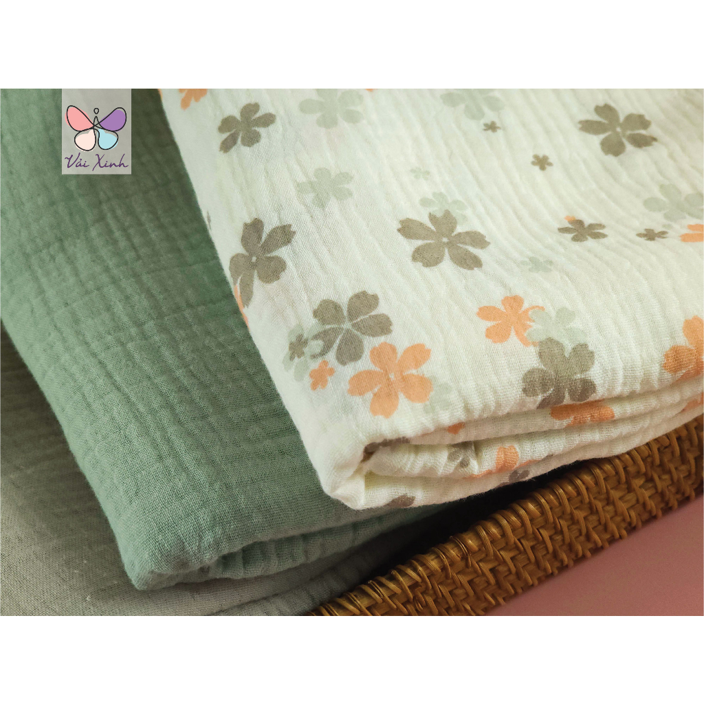 Vải Xô Muslin 2 lớp Họa Tiết Hoa Mai may khăn chăn đồ bộ cho bé