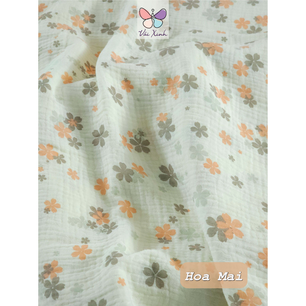 Vải Xô Muslin 2 lớp Họa Tiết Hoa Mai may khăn chăn đồ bộ cho bé