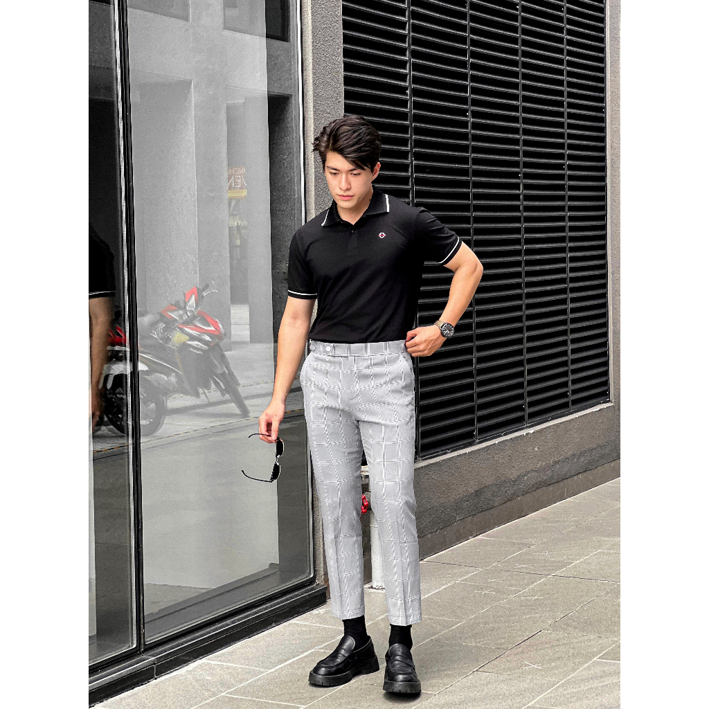 QT010-4 Quần Tây Khaki Nam DOCAS Vải Cotton Sọc Caro Xám Tăng Đơ Phom Slim Crop