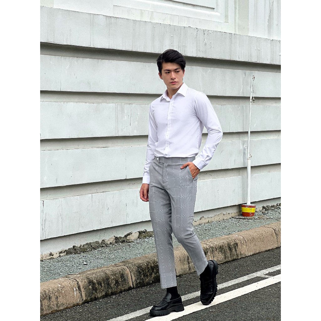 QT010-4 Quần Tây Khaki Nam DOCAS Vải Cotton Sọc Caro Xám Tăng Đơ Phom Slim Crop