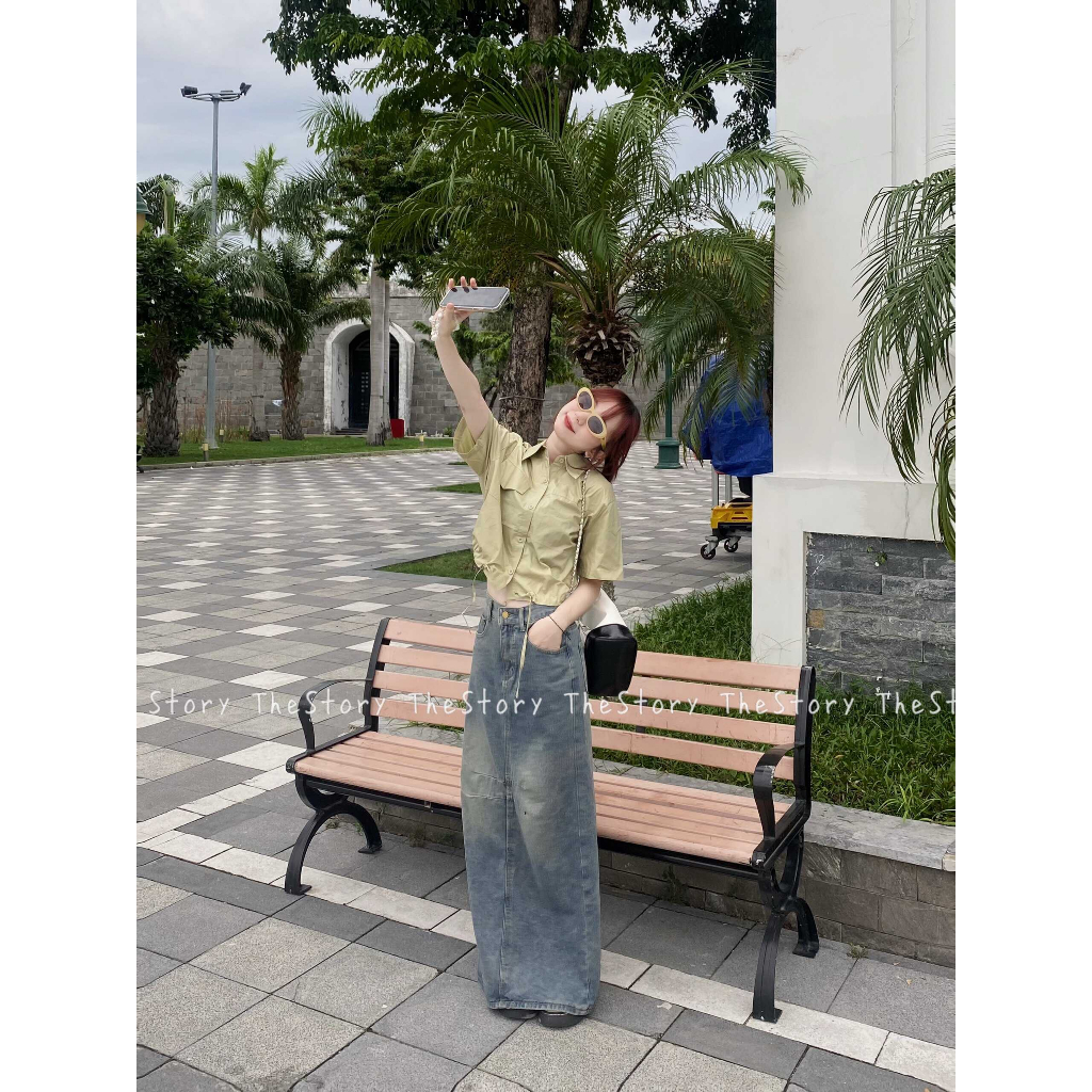 Chân váy jean dáng dài có 2 đường chéo ở giữa  CV367