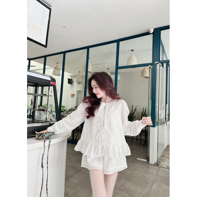 Set áo babydoll hoa thêu trắng