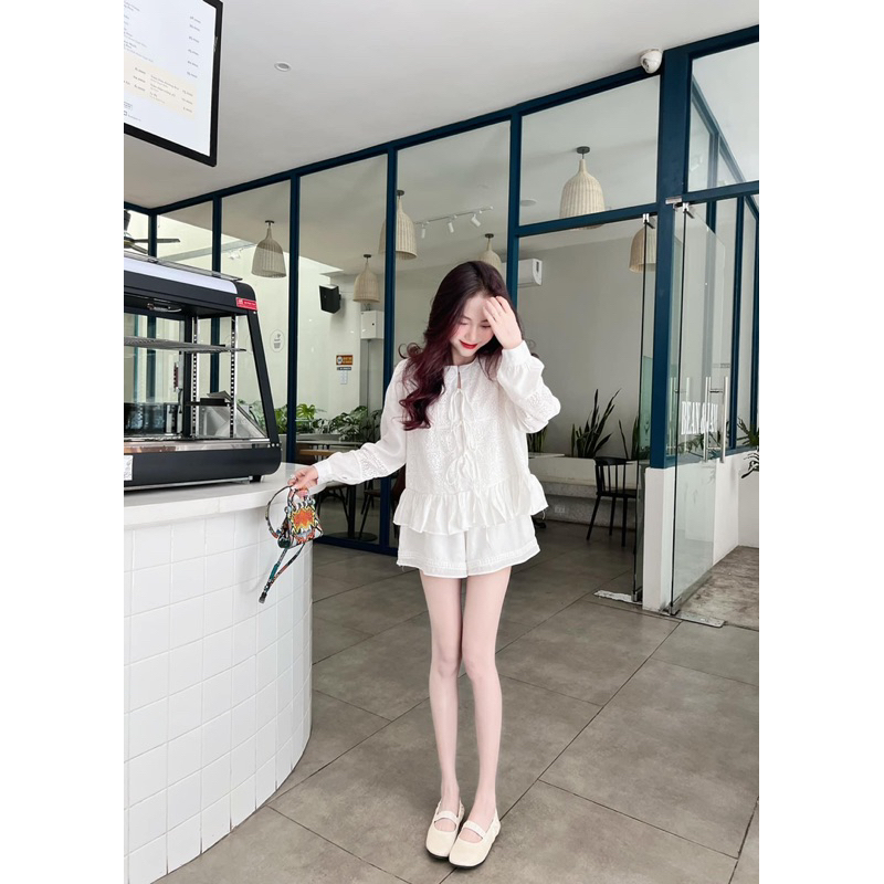 Set áo babydoll hoa thêu trắng