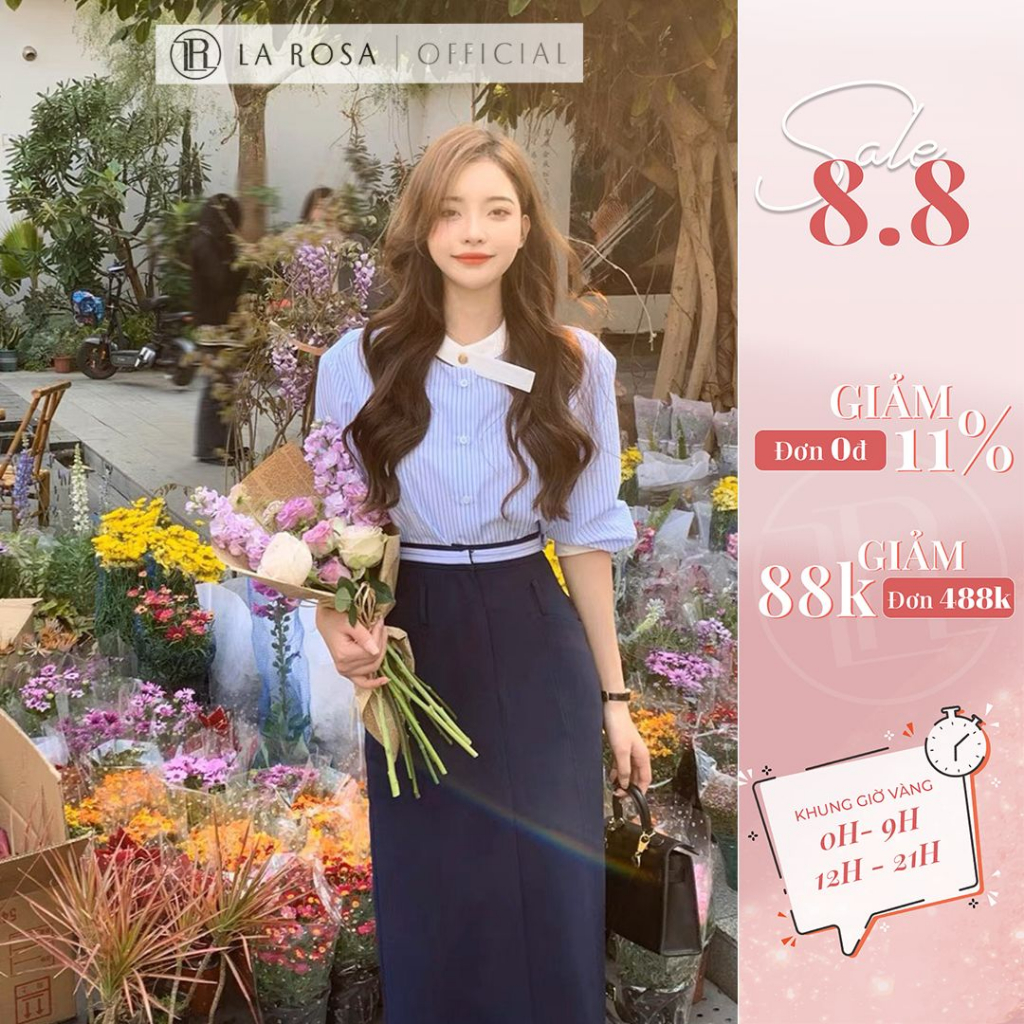 Set Công Sở Áo Sơ Mi Kẻ Dài Tay Cổ Tròn Kết Hợp Chân Váy Dáng Dài Larosa Thiết Kế Chất Liệu Cao Cấp, Sang Trọng S280
