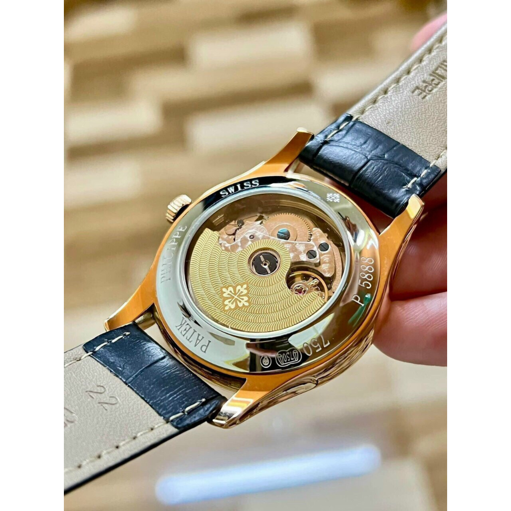 Đồng hồ Nam Ptek vành trơn trăng sao máy nhật chạy cơ Automatic có thứ ngày tháng vỏ vàng gold dây da