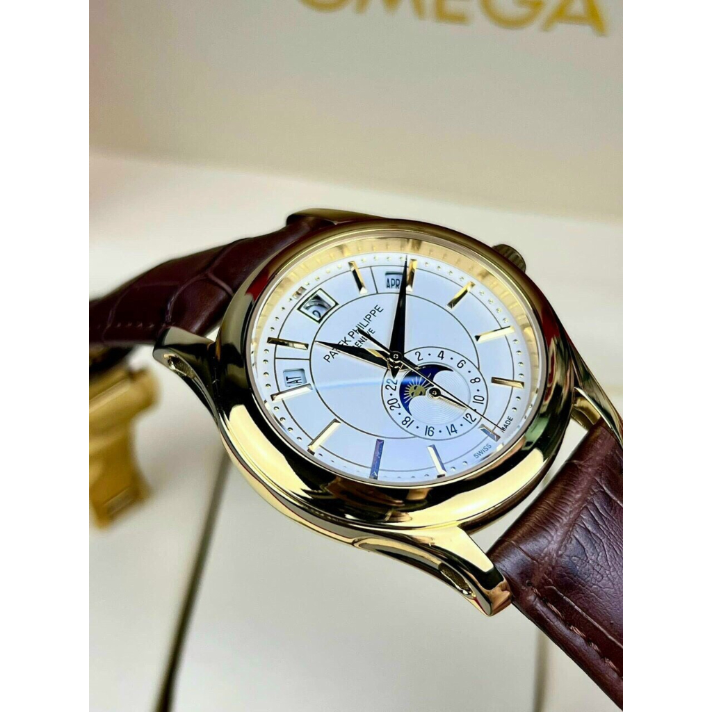 Đồng hồ Nam Ptek vành trơn trăng sao máy nhật chạy cơ Automatic có thứ ngày tháng vỏ vàng gold dây da