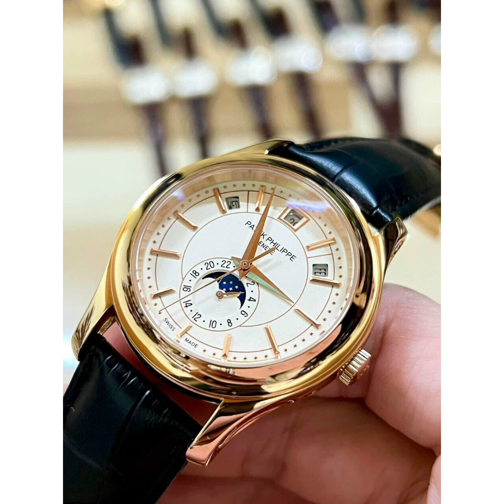 Đồng hồ Nam Ptek vành trơn trăng sao máy nhật chạy cơ Automatic có thứ ngày tháng vỏ vàng gold dây da