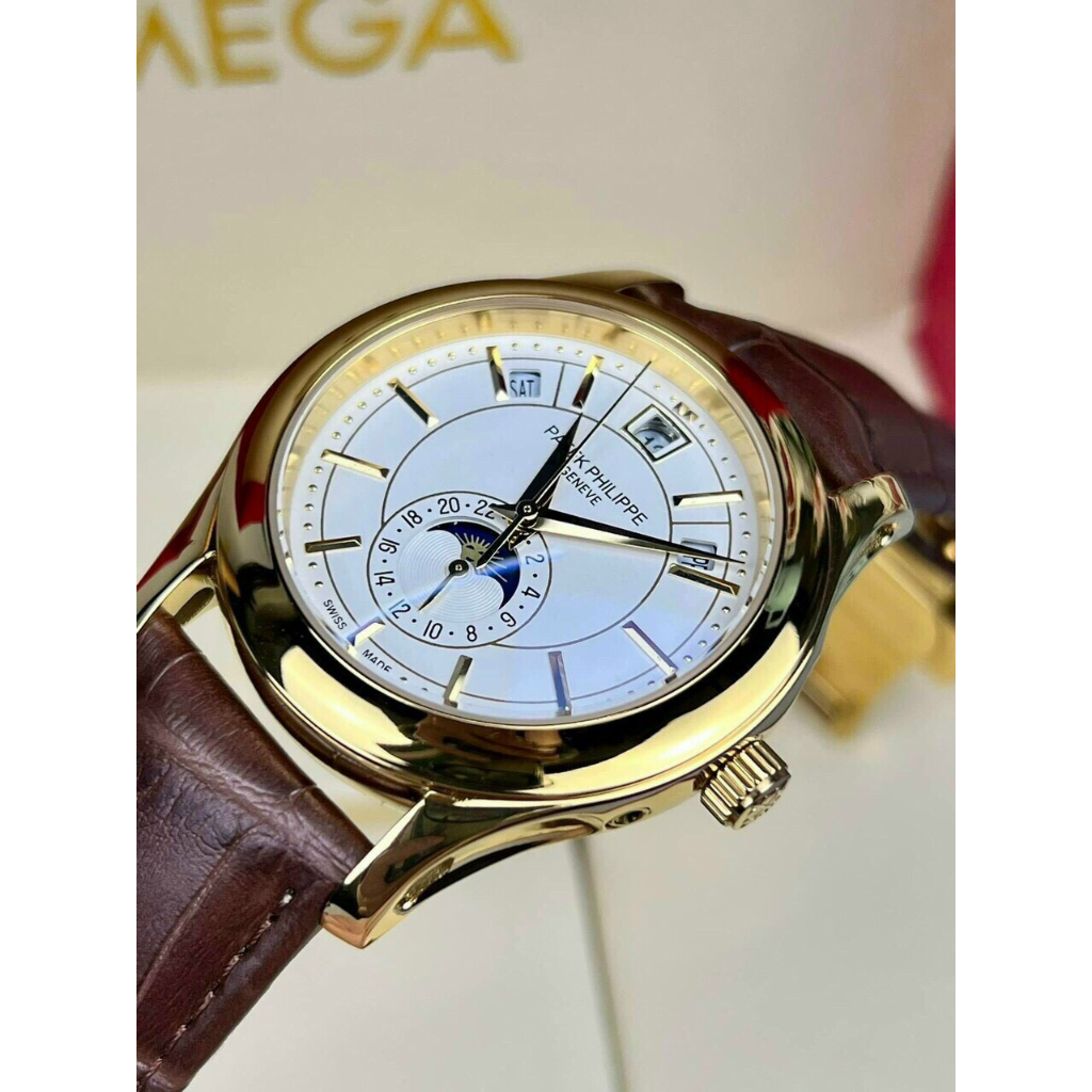 Đồng hồ Nam Ptek vành trơn trăng sao máy nhật chạy cơ Automatic có thứ ngày tháng vỏ vàng gold dây da