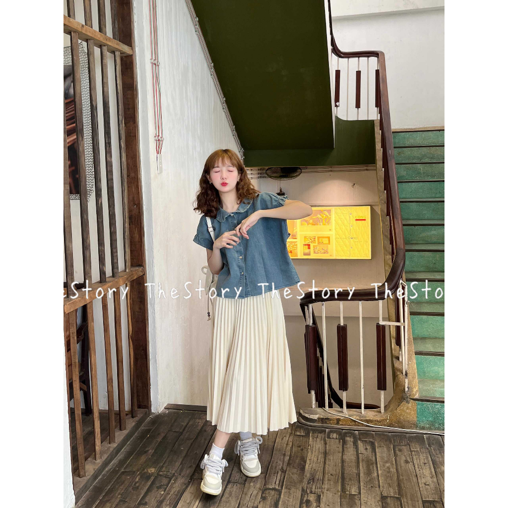 Áo sơ mi denim tay bèo  A3141