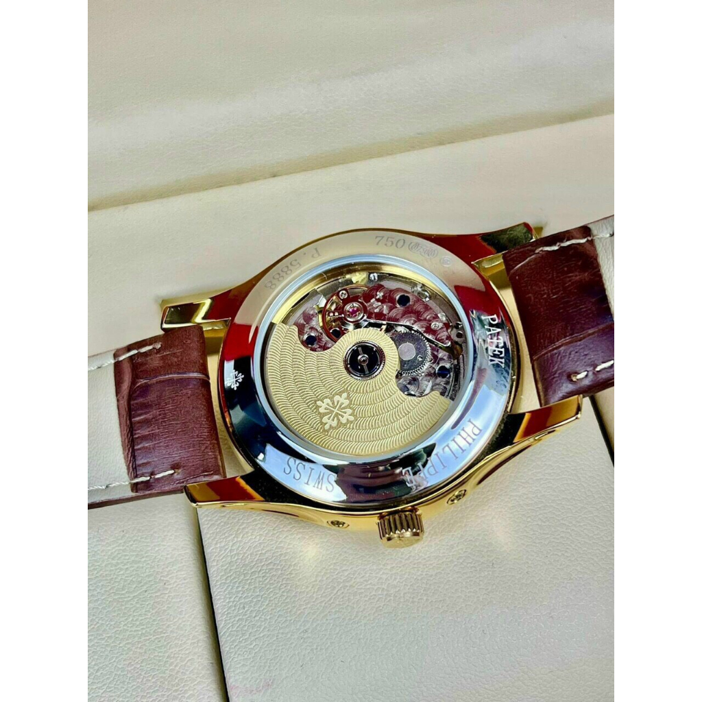 Đồng hồ Nam Ptek vành trơn trăng sao máy nhật chạy cơ Automatic có thứ ngày tháng vỏ vàng gold dây da