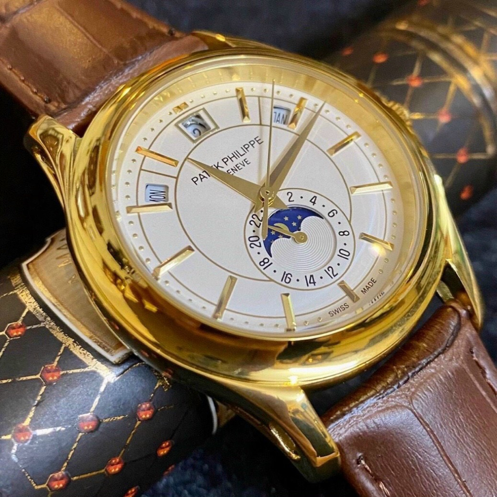 Đồng hồ Nam Ptek vành trơn trăng sao máy nhật chạy cơ Automatic có thứ ngày tháng vỏ vàng gold dây da