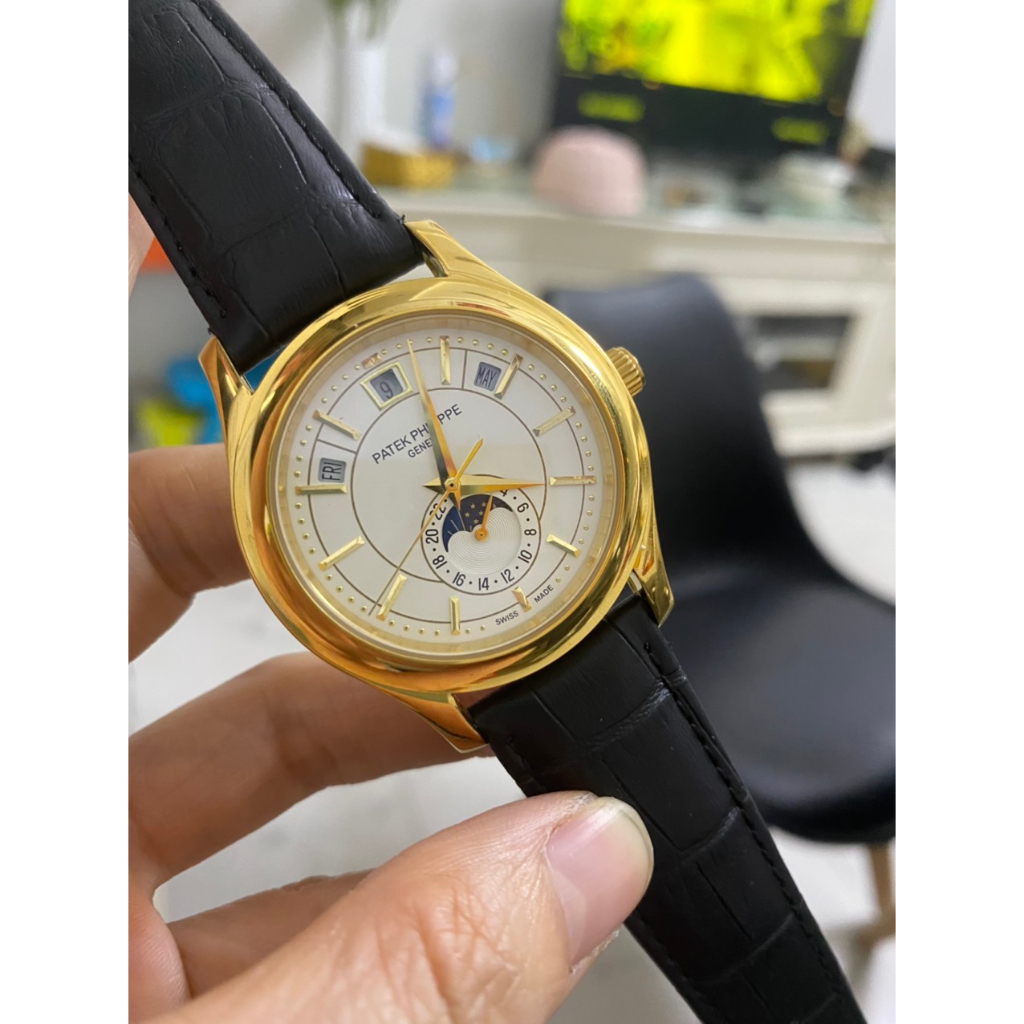 Đồng hồ Nam Ptek vành trơn trăng sao máy nhật chạy cơ Automatic có thứ ngày tháng vỏ vàng gold dây da