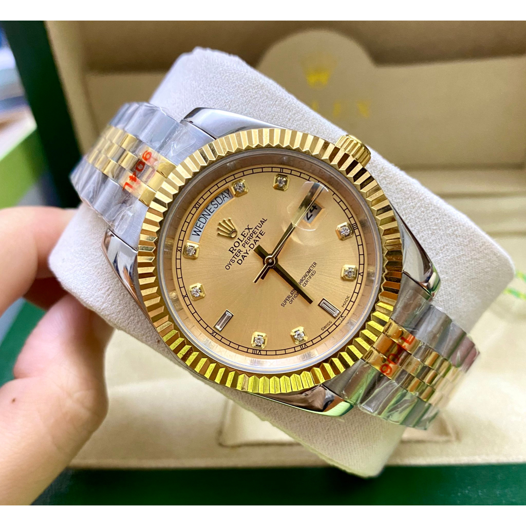 Đồng hồ Nam Rolex day date  máy nhật măt vàng dây đơ mi dòng cơ Automatic mặt size 38mm