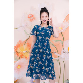 Đầm xoè voan hoa Hedie 6768 hoạ tiết hoa hồng vàng váy Lucy