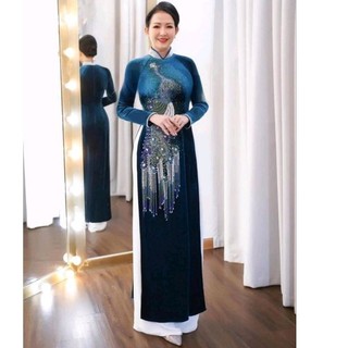 Áo dài trung niên tặng bà tặng mẹ, áo dài nhung đính kết cao cấp sang trọng