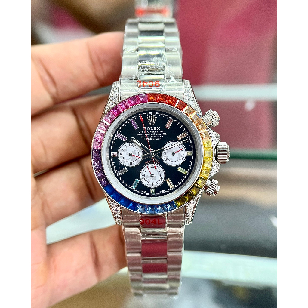 Đồng hồ Nam Rolex dây kim loại đá màu máy nhật dòng cơ Automatic vỏ đá trắng size 41mm