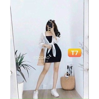 *Đầm body thời trang nữ mặc đi chơi chất liệu umi cổ sơmi tay dài tà trước cột nơ chất voan đầm 2 dây váy ôm
